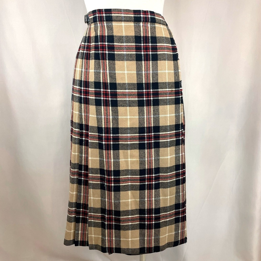 Vintage 80s Womens (28") Kilt Wool Plaid Skirt Tan Black Midi England Old Money